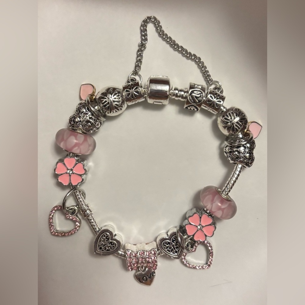 Pink Flower and Heart Charm Bracelet